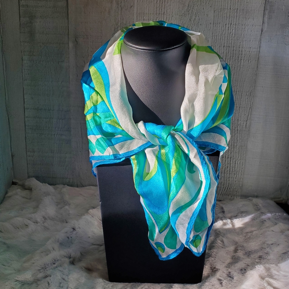 Jones New York Silk Square Blue and Green Ocean Hued Scarf